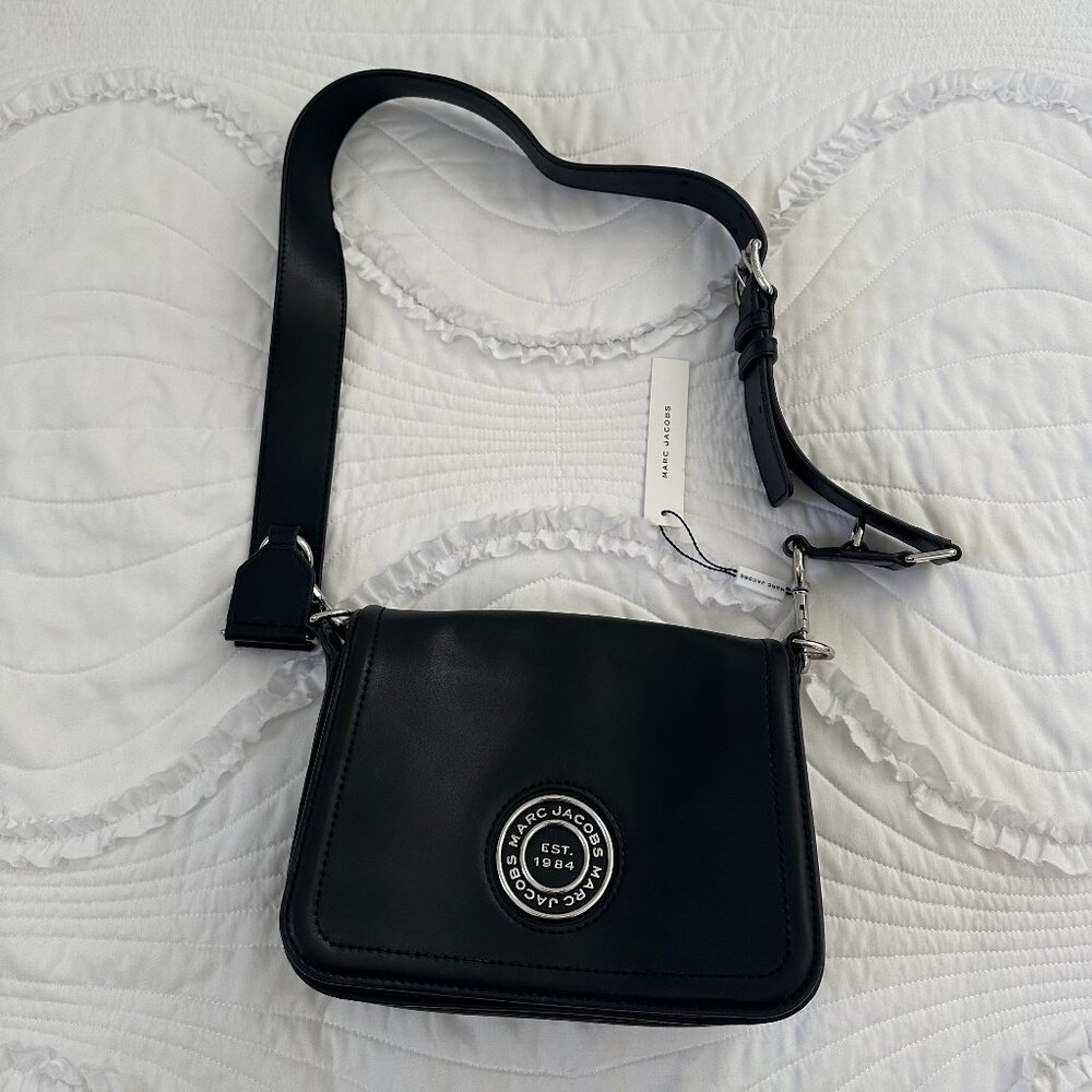 Marc Jacobs Leather Full Flap Logo Shoulder Bag Black